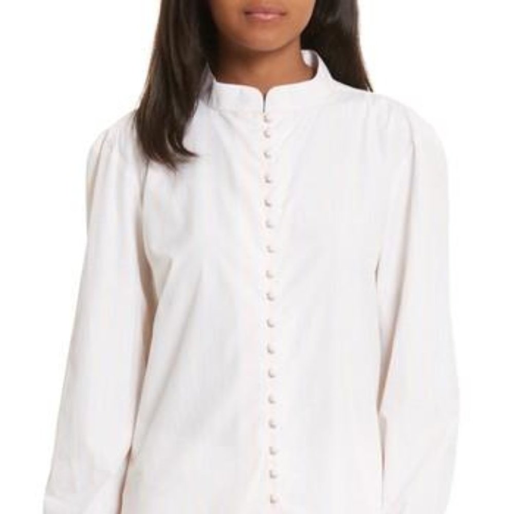 Frame Ruffle Cuff Cotton Shirt In Light Pink blue